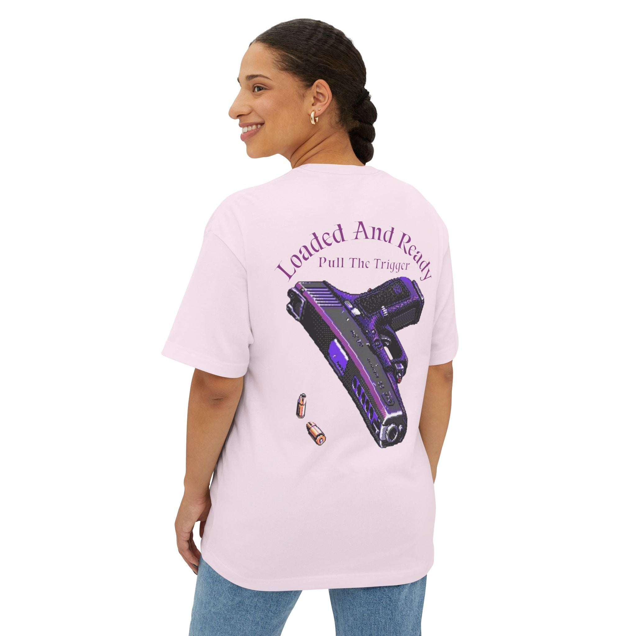 Boxy Tee — "Loaded and Ready" Purple Pistol Graphic Shirt