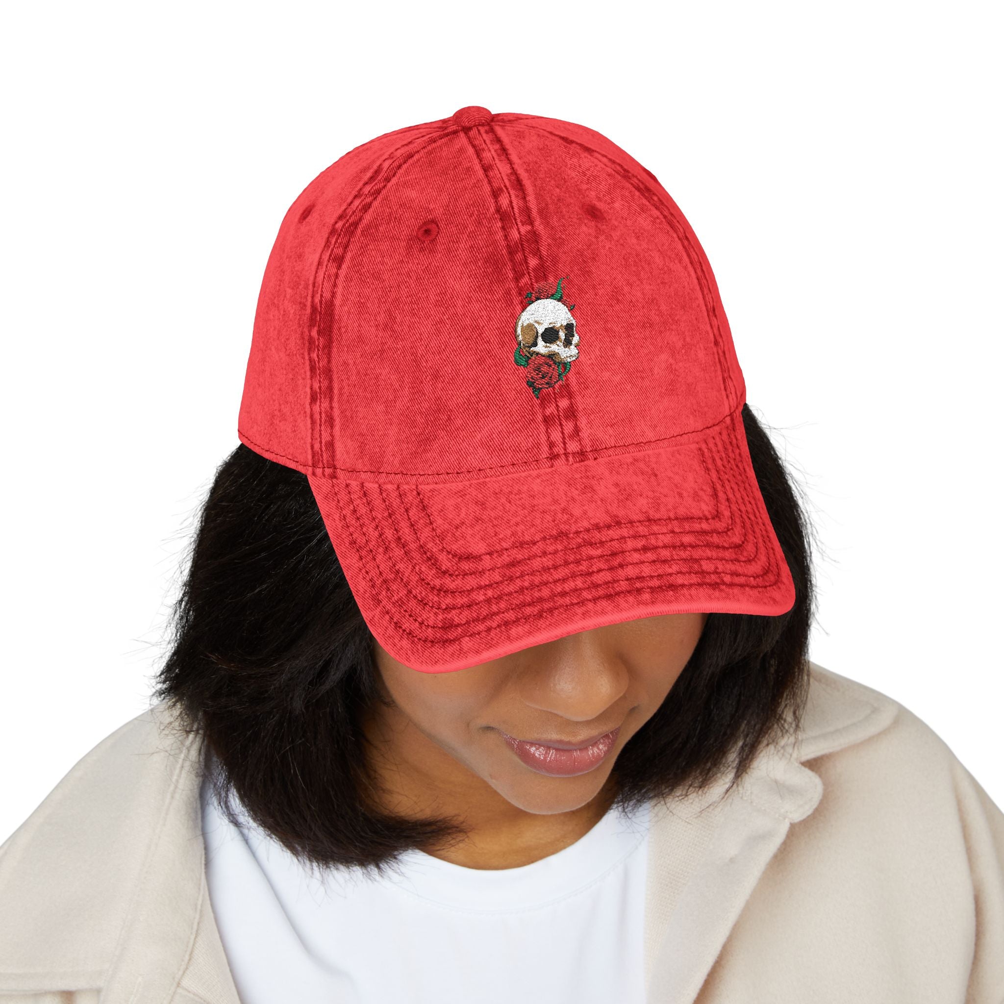 Embroidered Skull Rose Vintage Cap — Washed Red Baseball Hat