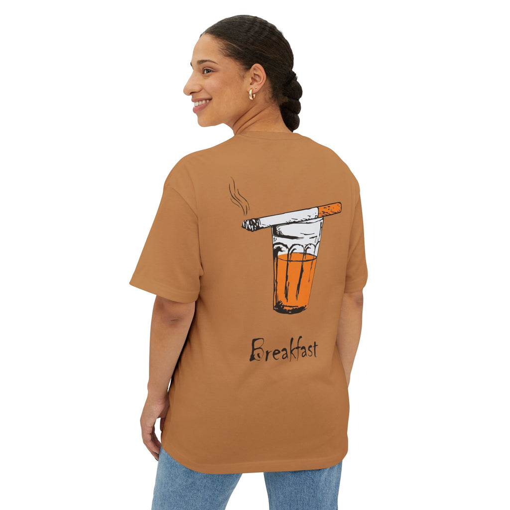 Breakfast Graphic Tee — Cigarette & Drink Illustration Oversized Boxy T‑Shirt