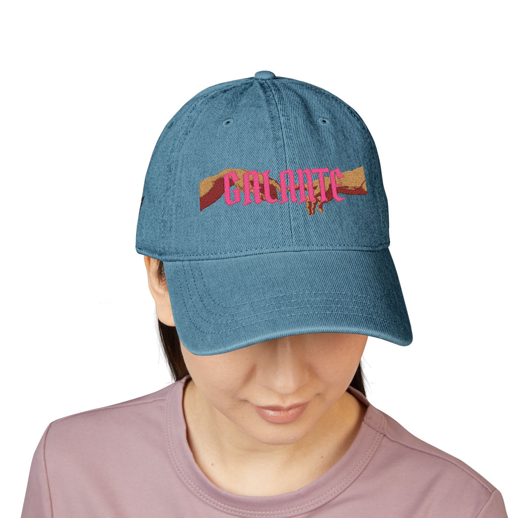 Galante Embroidered Denim Hat — Retro Pink & Gold Script Baseball Cap