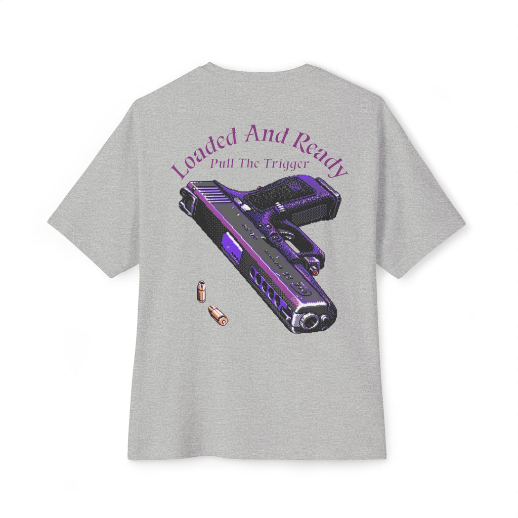 Boxy Tee — "Loaded and Ready" Purple Pistol Graphic Shirt