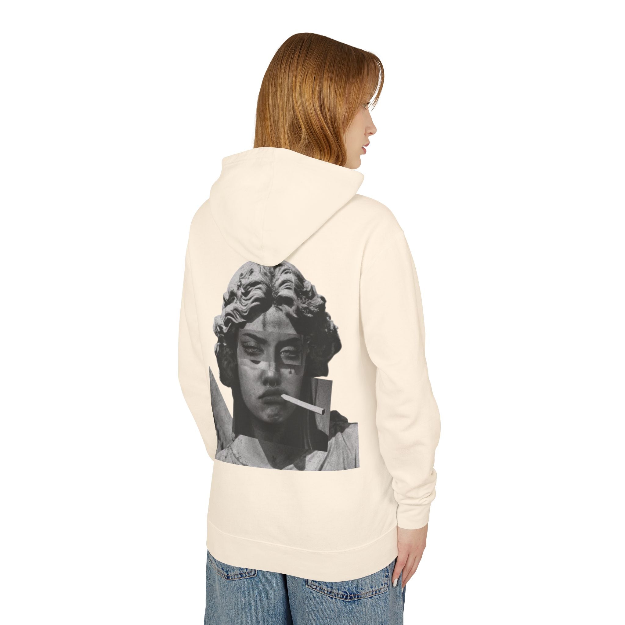 Statue Smoking Hoodie — Retro Grayscale Angel Graphic Hoodie