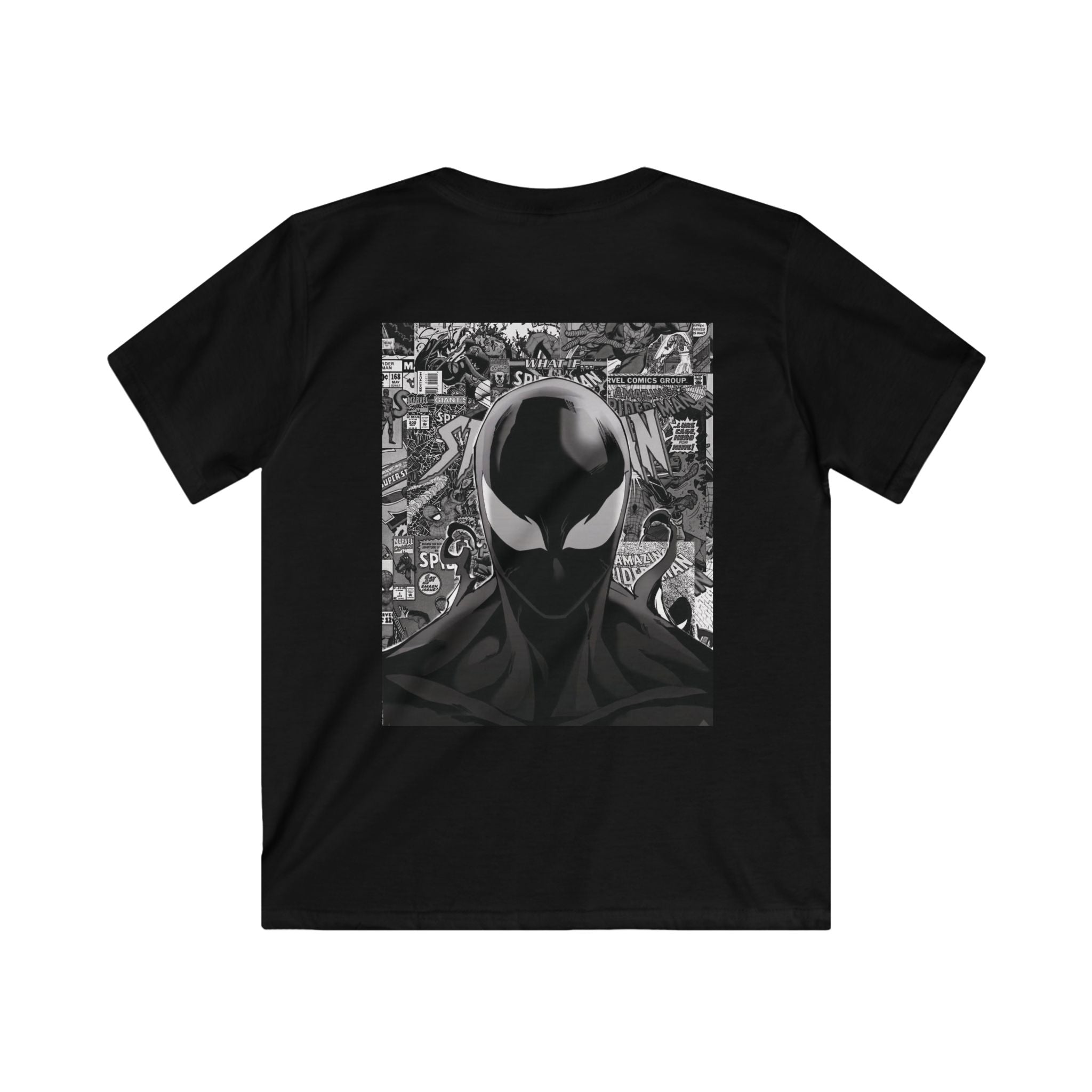Black Symbiote Masked Hero Tee | Comic Collage Backprint