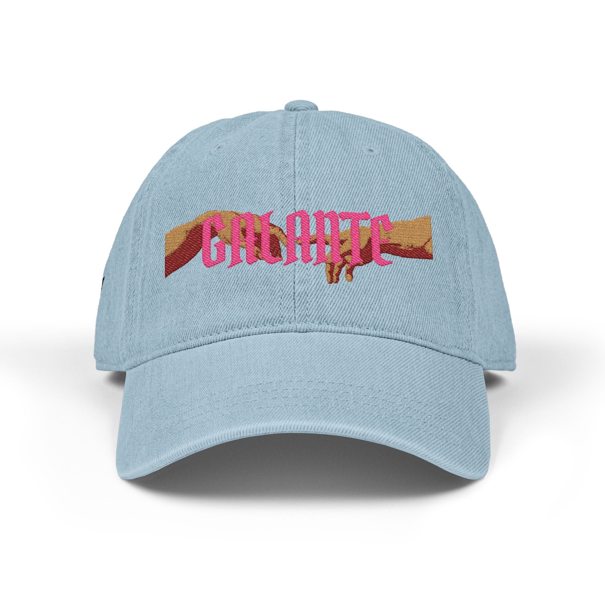 Galante Embroidered Denim Hat — Retro Pink & Gold Script Baseball Cap