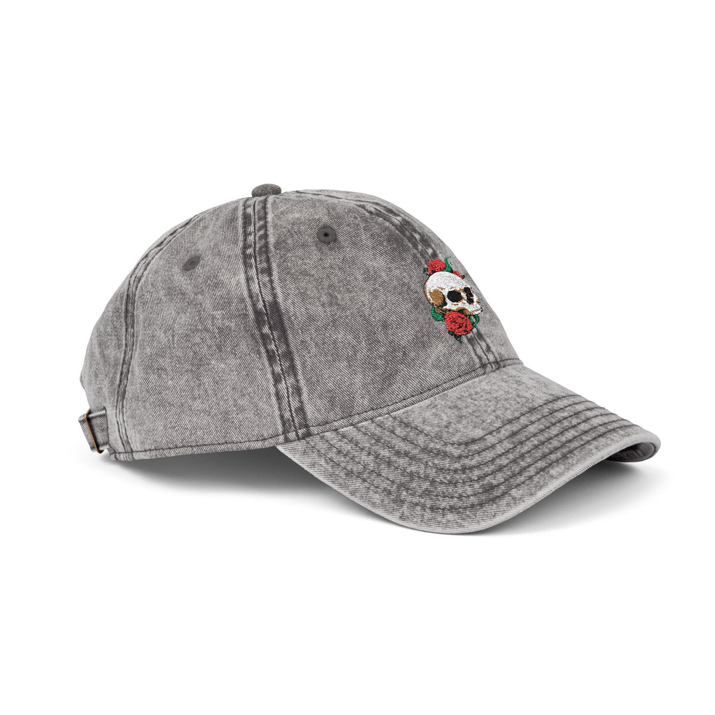 Embroidered Skull Rose Vintage Cap — Washed Red Baseball Hat