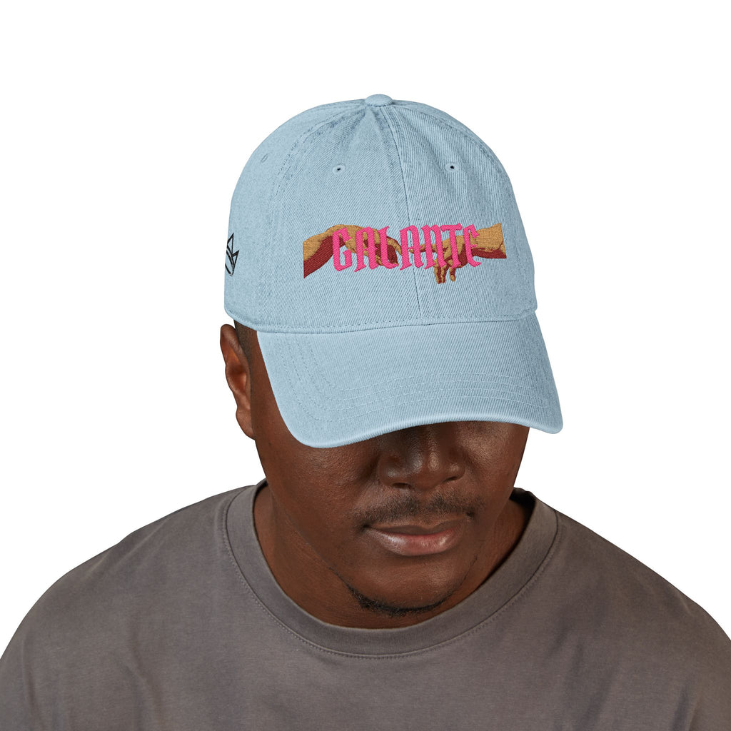 Galante Embroidered Denim Hat — Retro Pink & Gold Script Baseball Cap