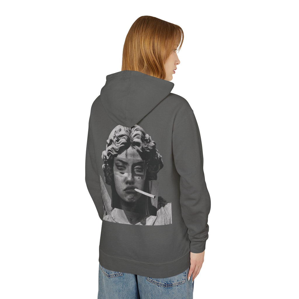 Statue Smoking Hoodie — Retro Grayscale Angel Graphic Hoodie