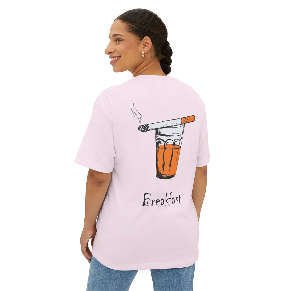 Breakfast Graphic Tee — Cigarette & Drink Illustration Oversized Boxy T‑Shirt