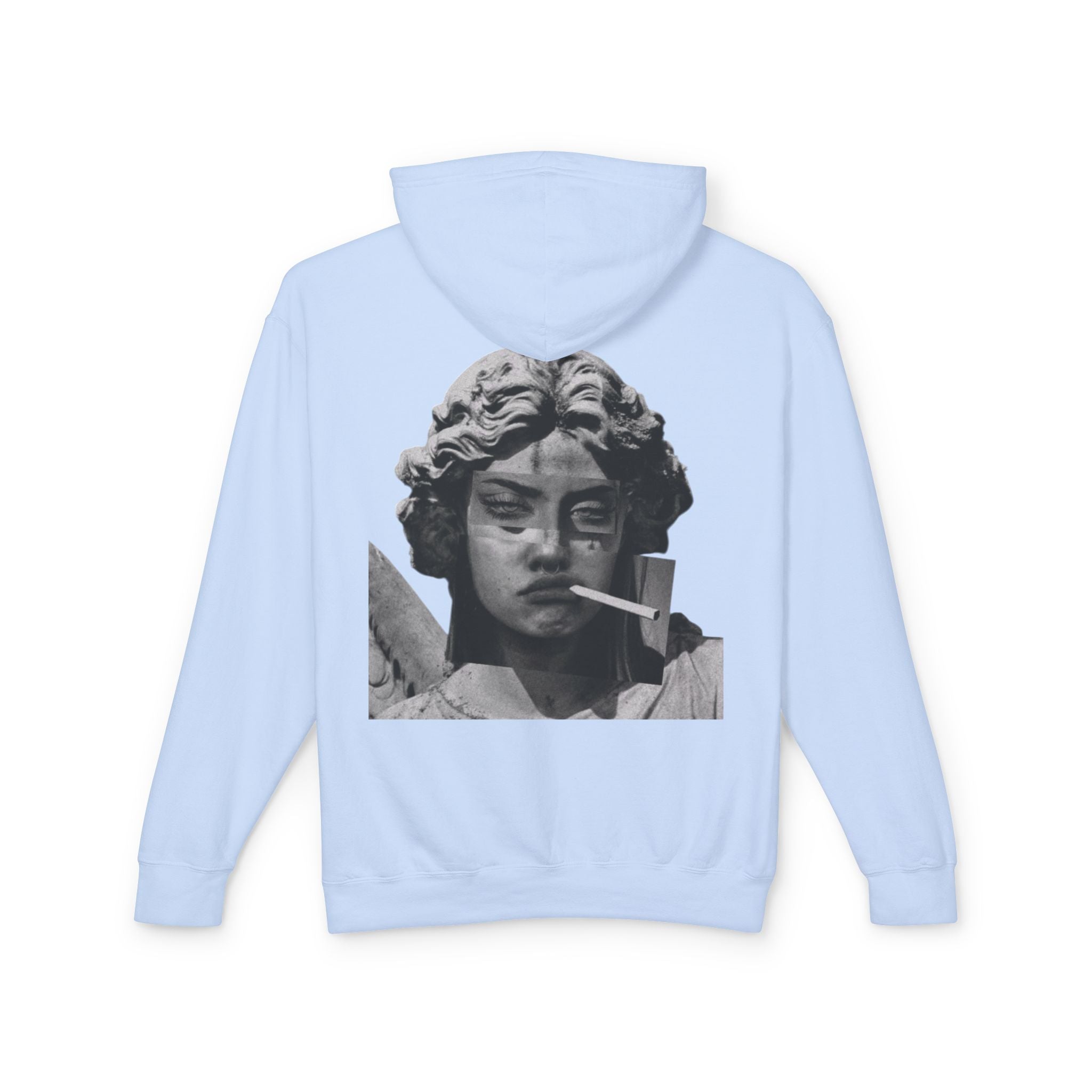 Statue Smoking Hoodie — Retro Grayscale Angel Graphic Hoodie