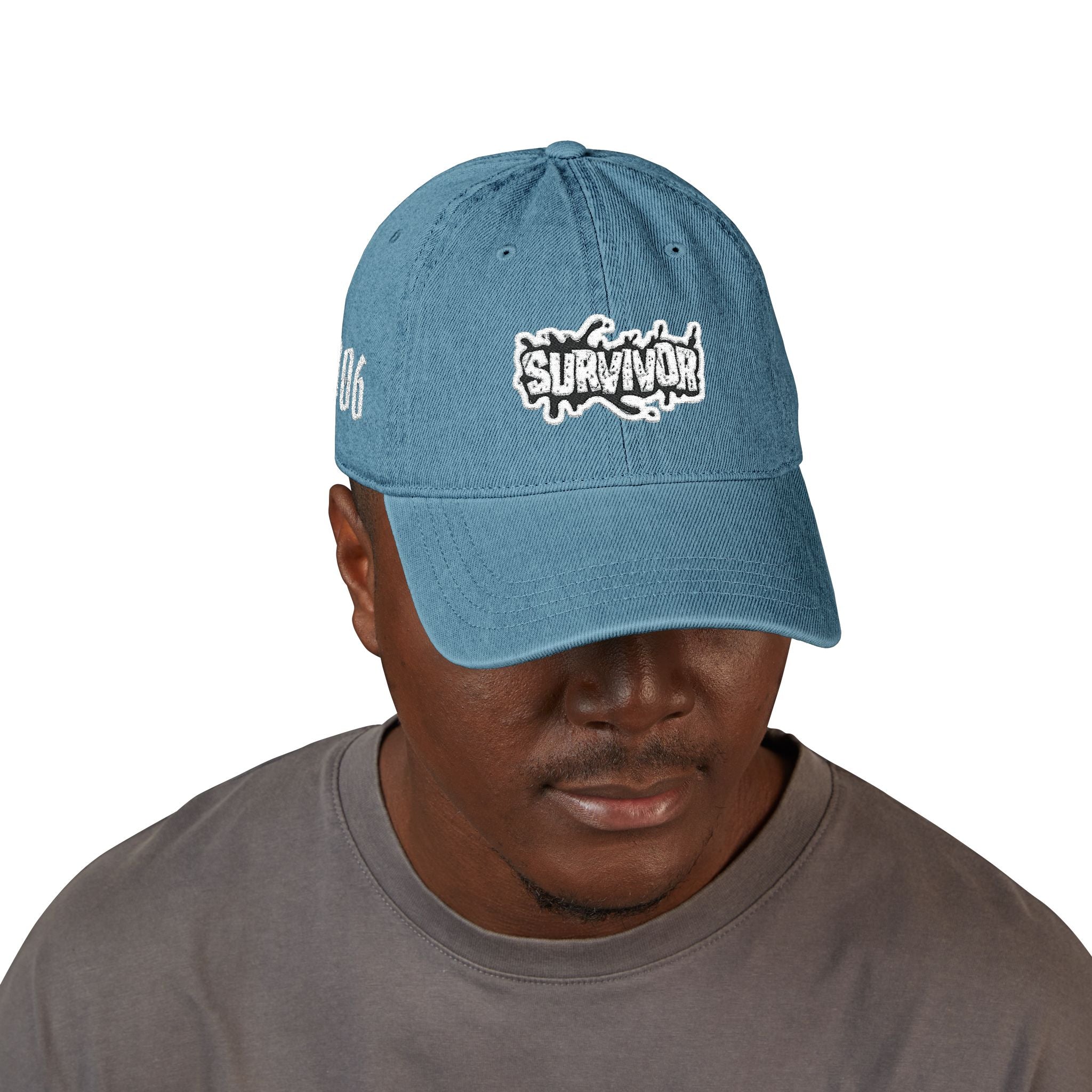Survivor Embroidered Denim Hat — Distressed Patch Baseball Cap