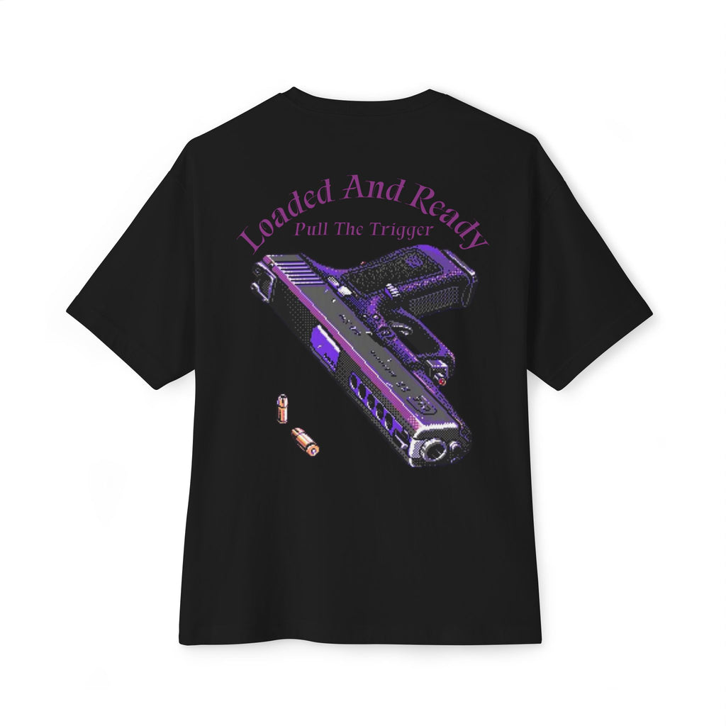 Boxy Tee — "Loaded and Ready" Purple Pistol Graphic Shirt