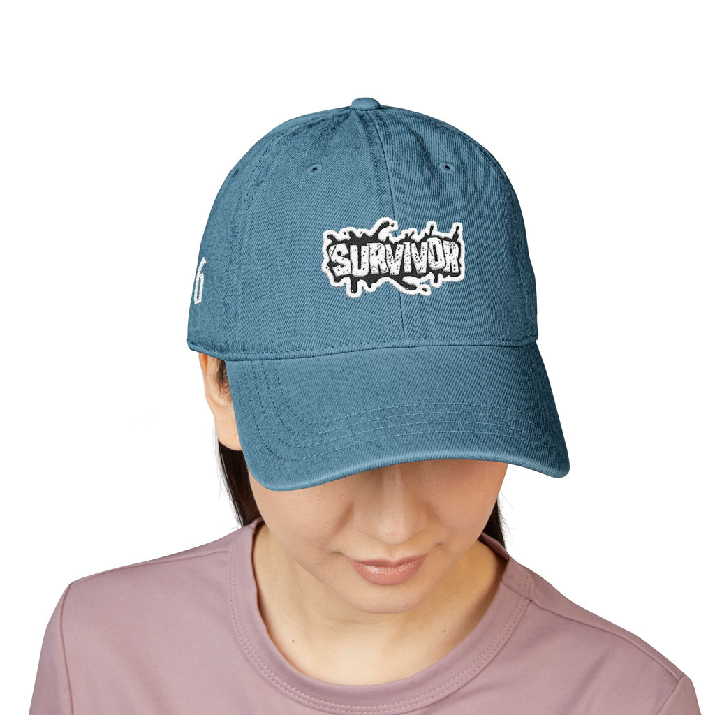 Survivor Embroidered Denim Hat — Distressed Patch Baseball Cap
