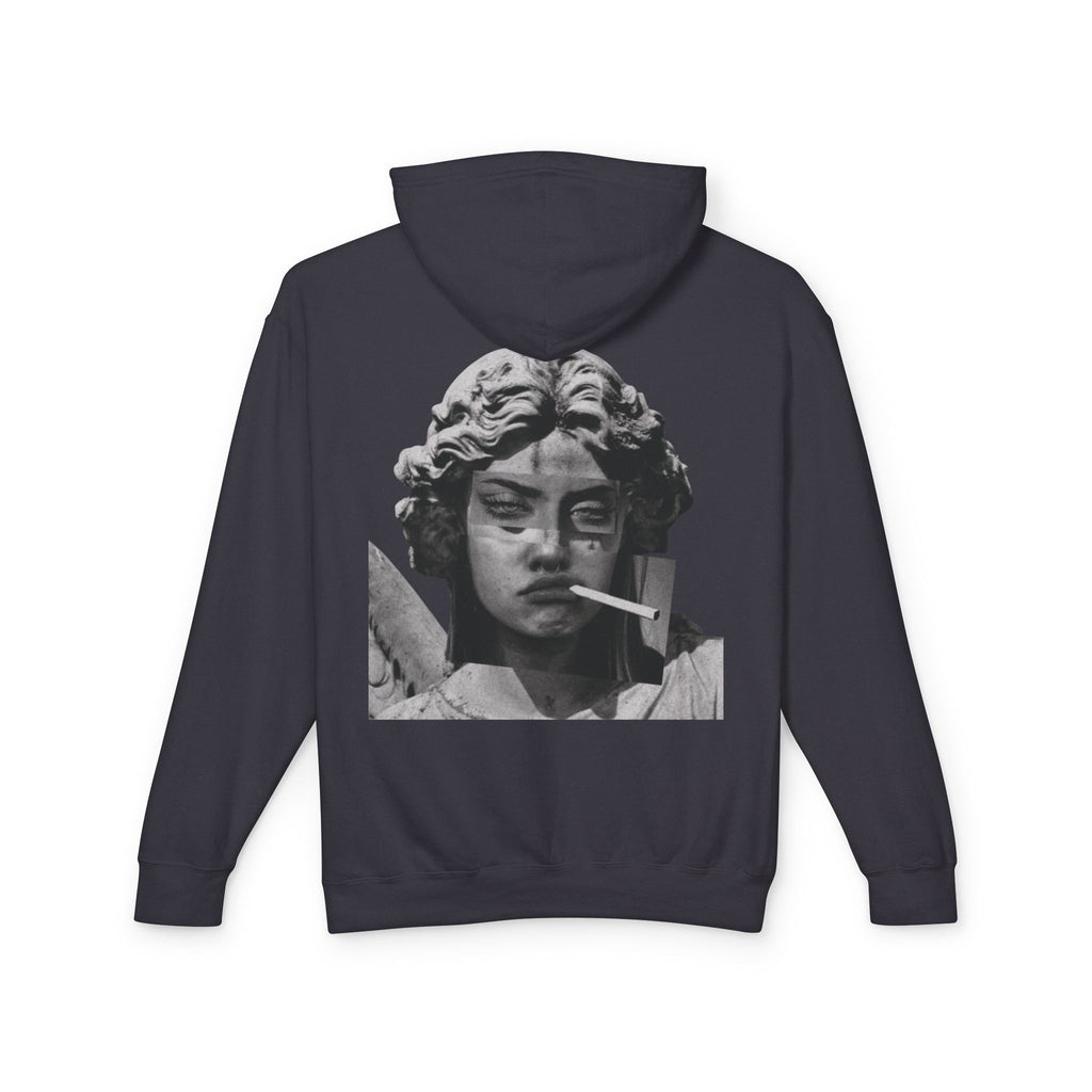 Statue Smoking Hoodie — Retro Grayscale Angel Graphic Hoodie