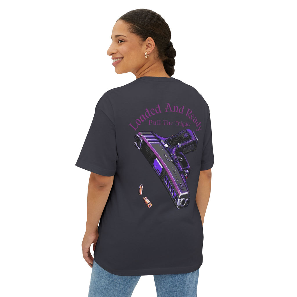 Boxy Tee — "Loaded and Ready" Purple Pistol Graphic Shirt