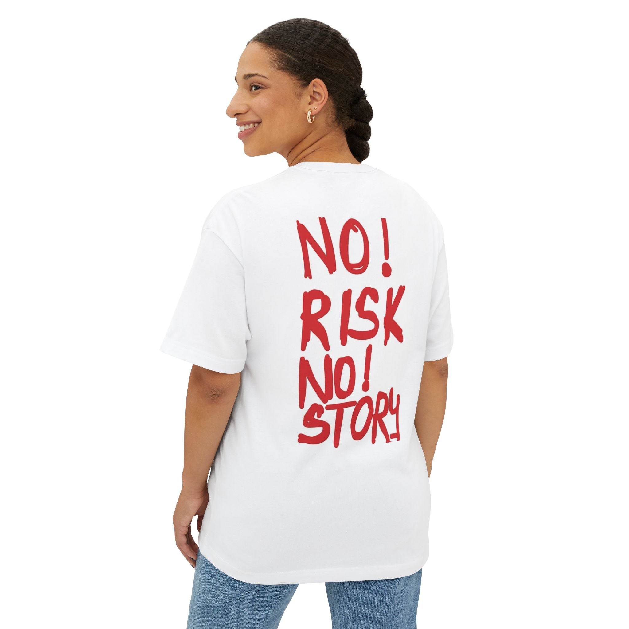 Boxy Tee — "No Risk No Story" Oversized Graphic T-Shirt