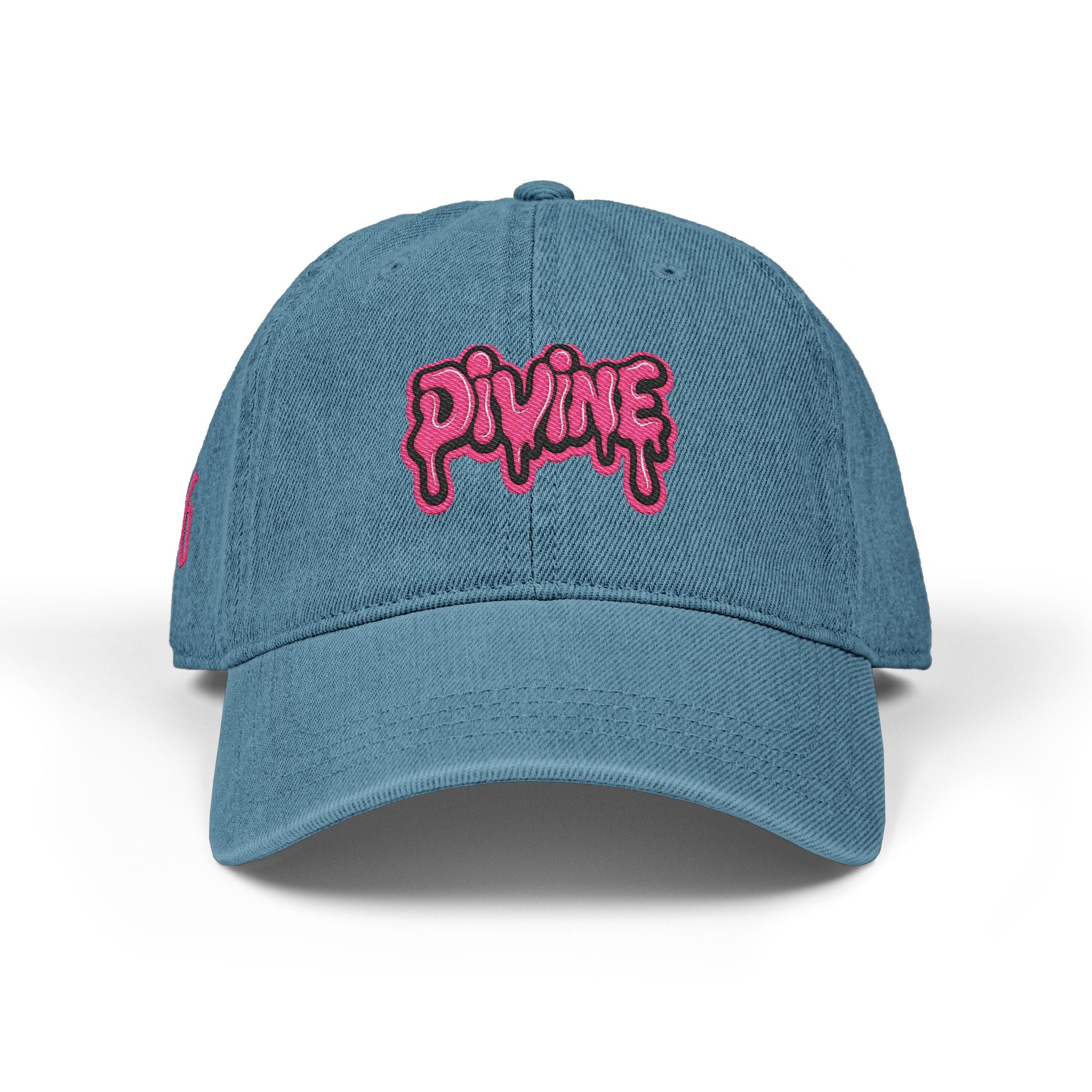 Embroidered 'Divine' Denim Hat - Pink Drip Logo Baseball Cap