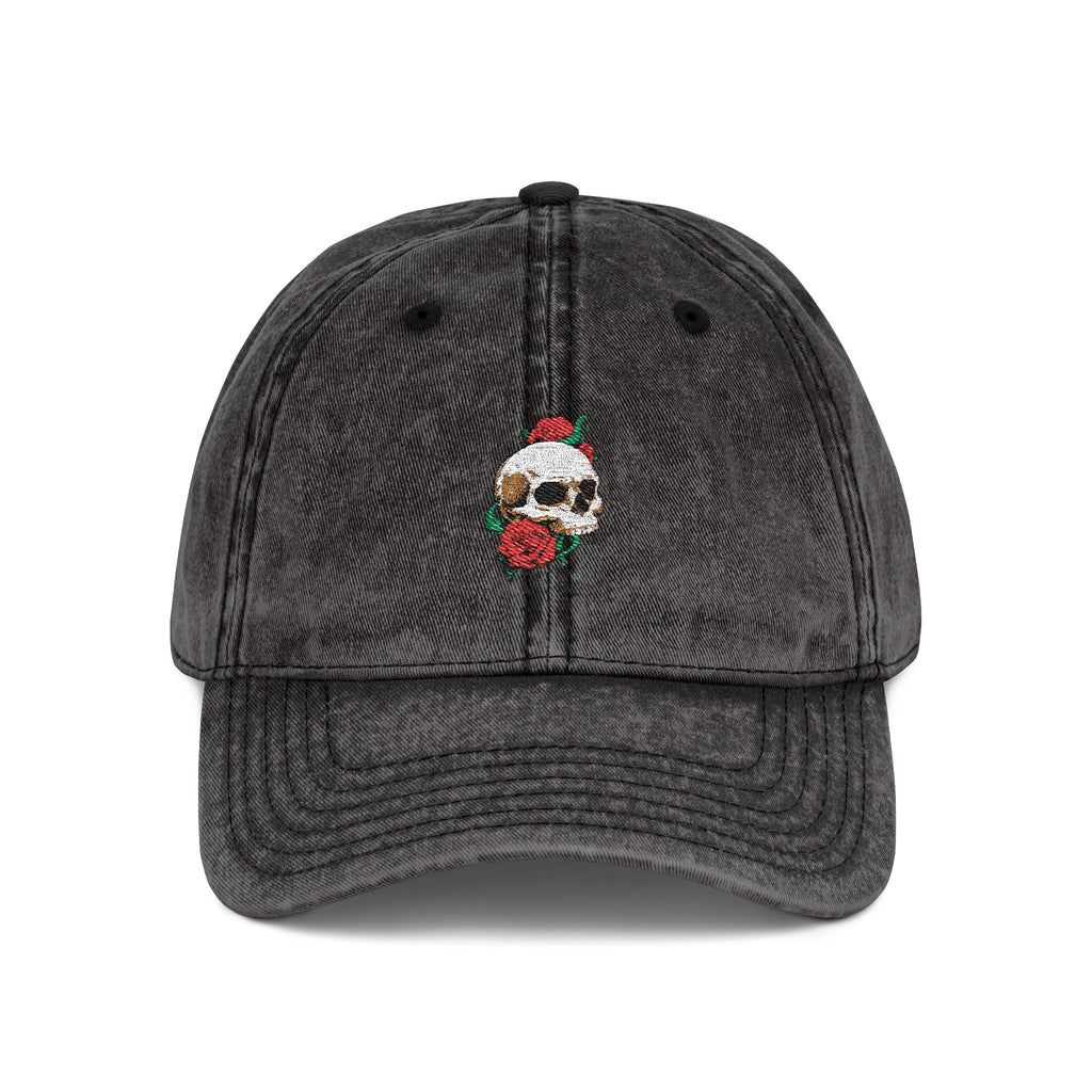 Embroidered Skull Rose Vintage Cap — Washed Red Baseball Hat