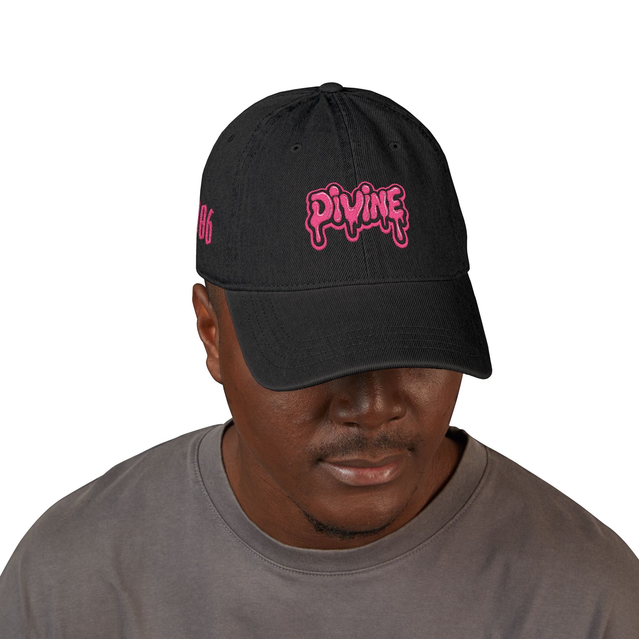 Embroidered 'Divine' Denim Hat - Pink Drip Logo Baseball Cap