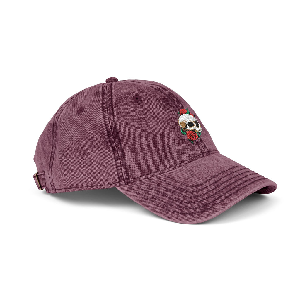 Embroidered Skull Rose Vintage Cap — Washed Red Baseball Hat