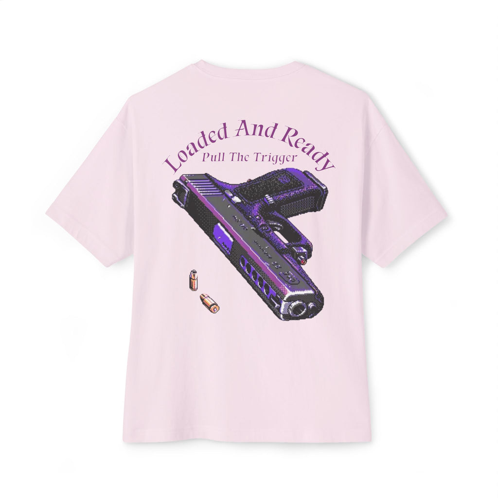 Boxy Tee — "Loaded and Ready" Purple Pistol Graphic Shirt