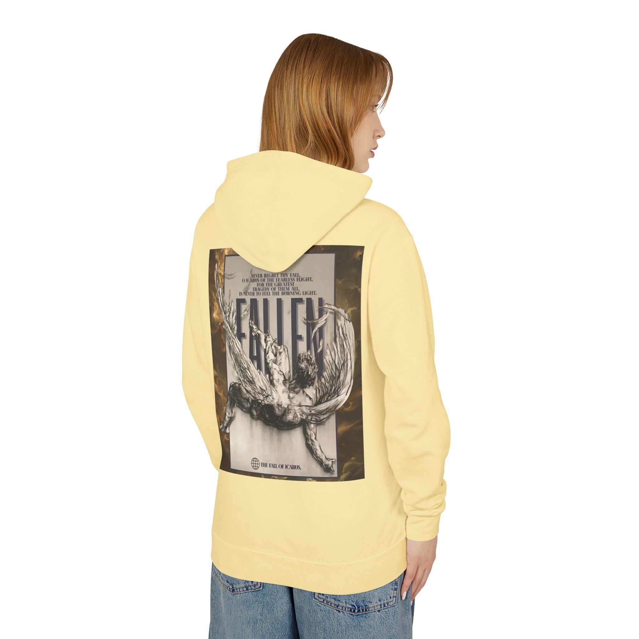 Fallen Graphic Hoodie — Vintage Angel Illustration Back with 'Galante' Script Chest