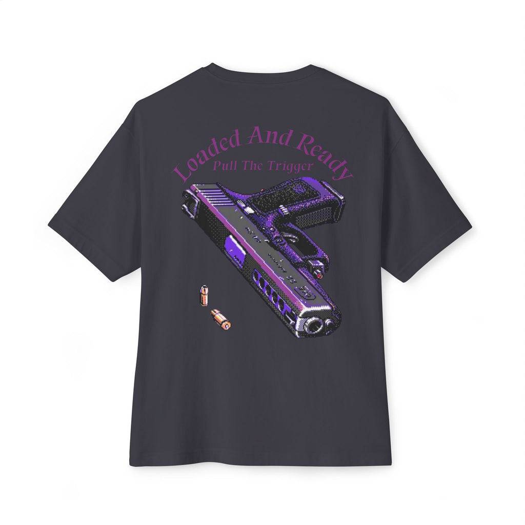 Boxy Tee — "Loaded and Ready" Purple Pistol Graphic Shirt