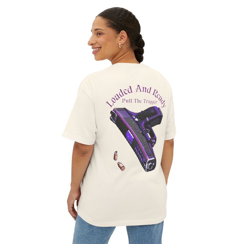 Boxy Tee — "Loaded and Ready" Purple Pistol Graphic Shirt