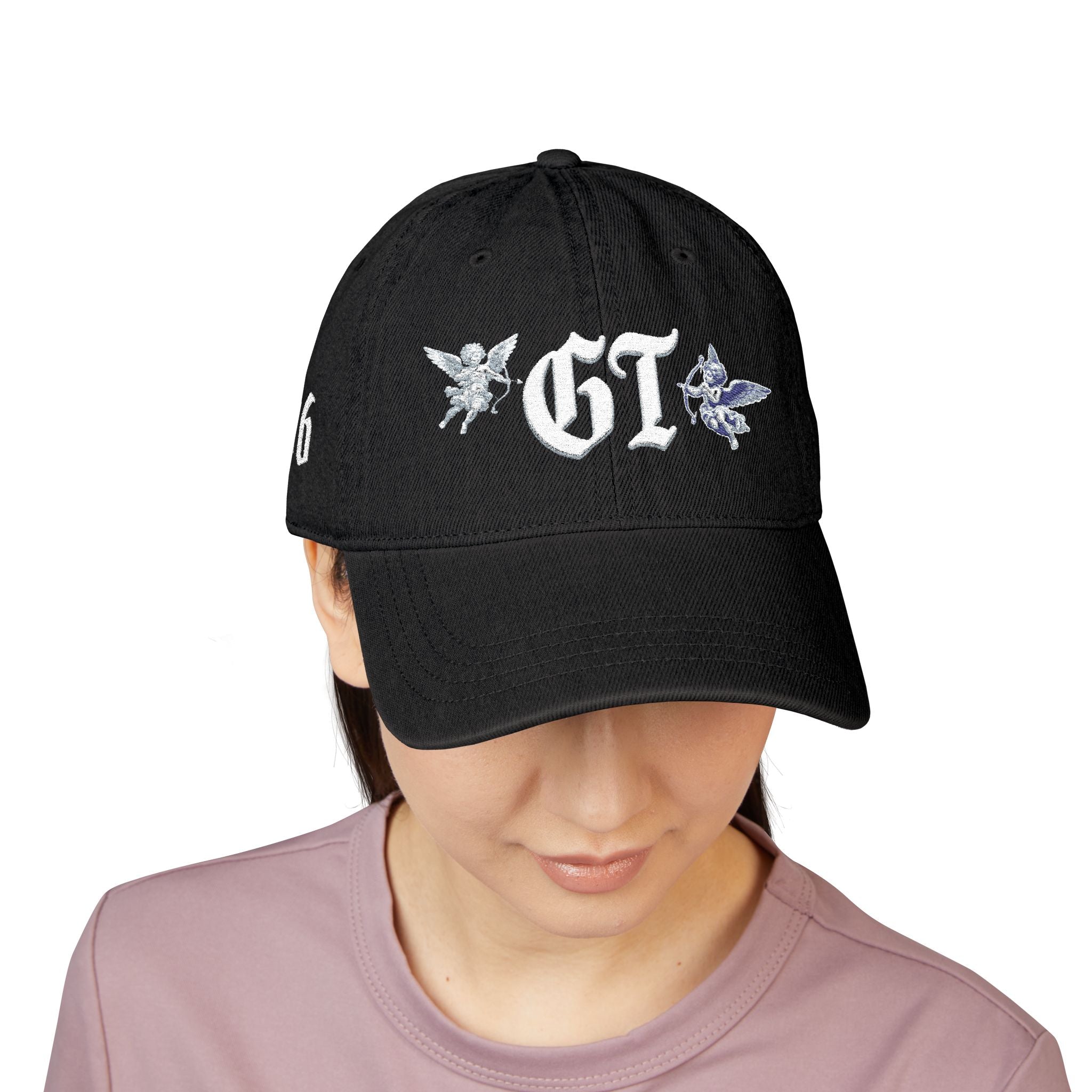 Embroidered 'GT' Denim Hat — Vintage Gothic Baseball Cap with Floral Accents