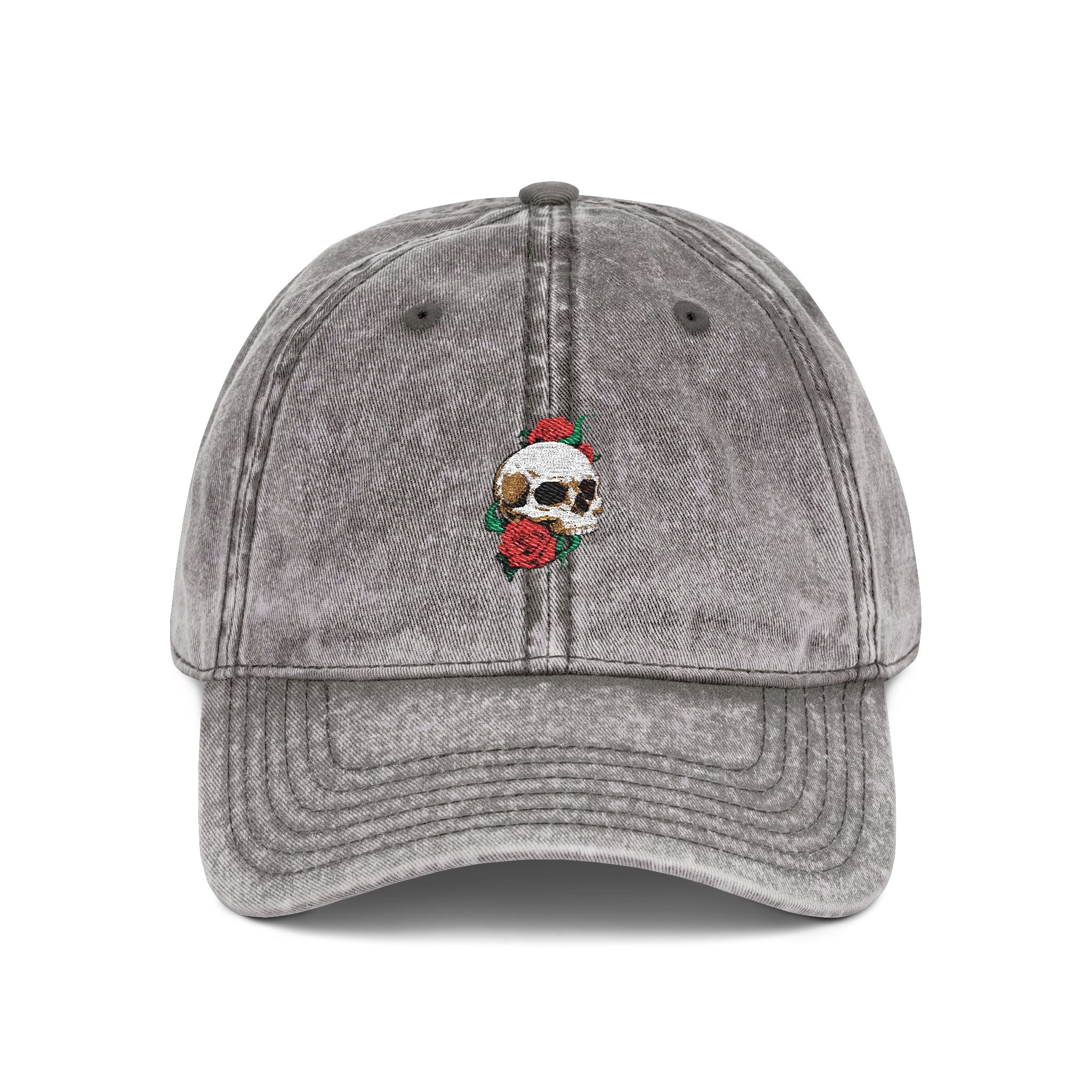 Embroidered Skull Rose Vintage Cap — Washed Red Baseball Hat