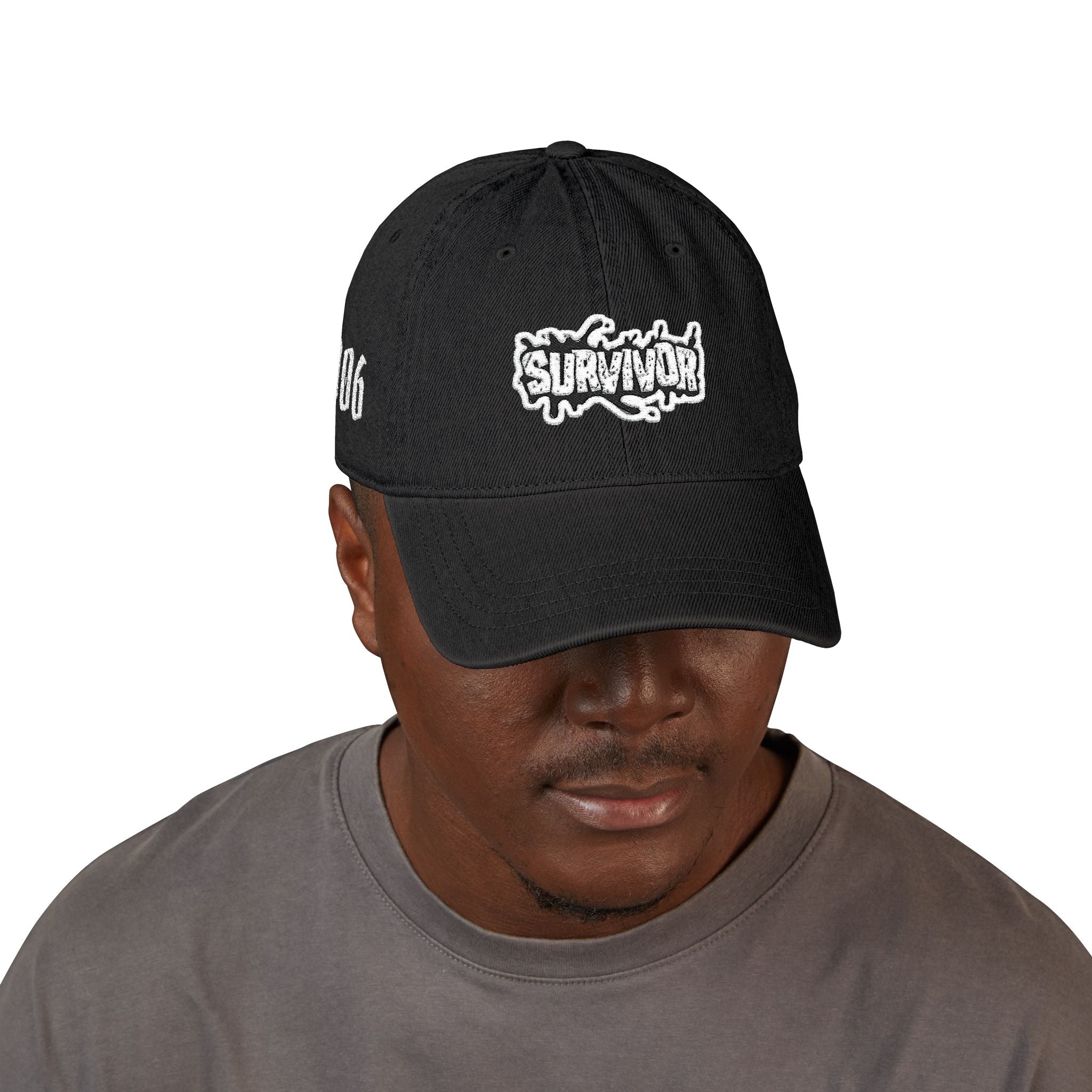 Survivor Embroidered Denim Hat — Distressed Patch Baseball Cap
