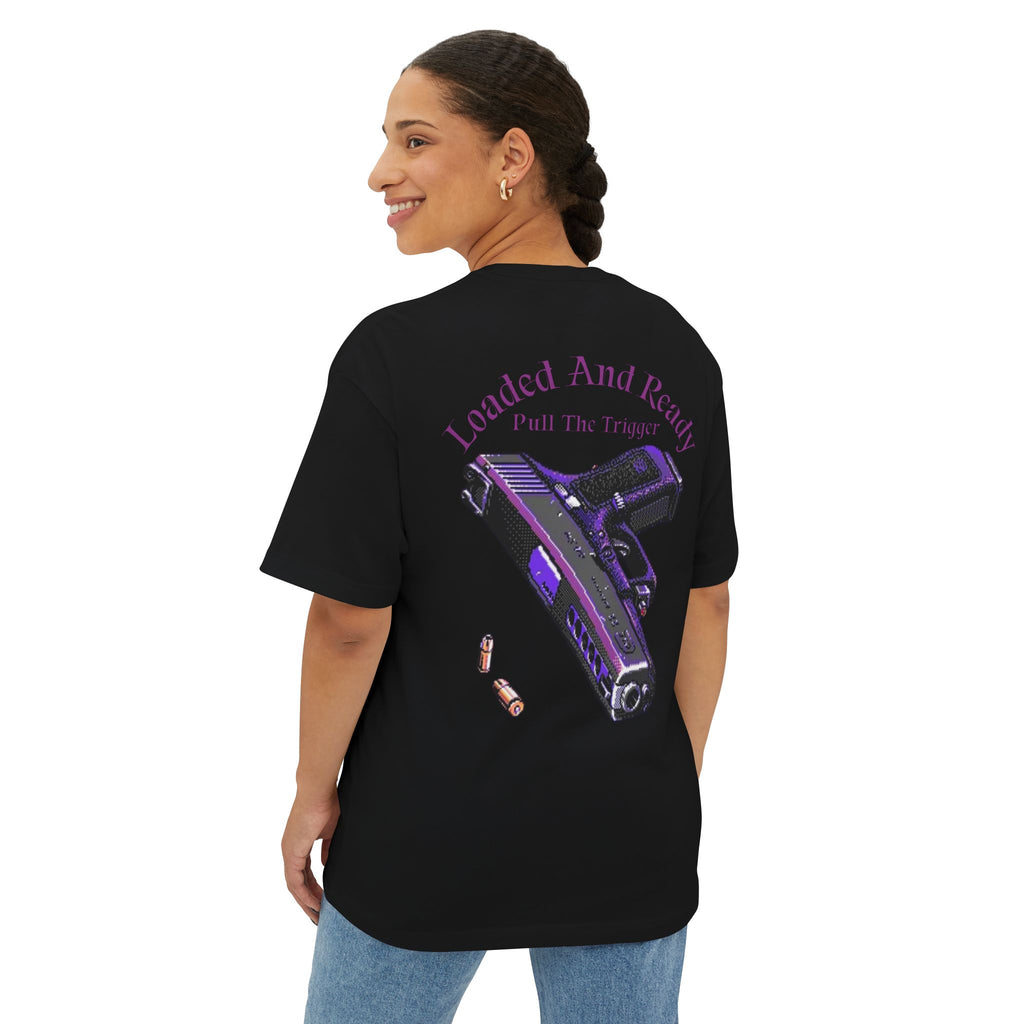Boxy Tee — "Loaded and Ready" Purple Pistol Graphic Shirt